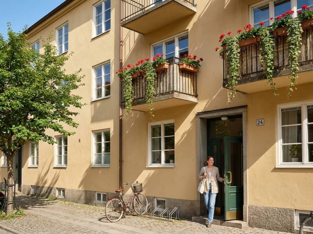 Välskött bostadsrättsförening i Göteborg med balkonger, blommor och grönska i solsken — BRF-förvaltning