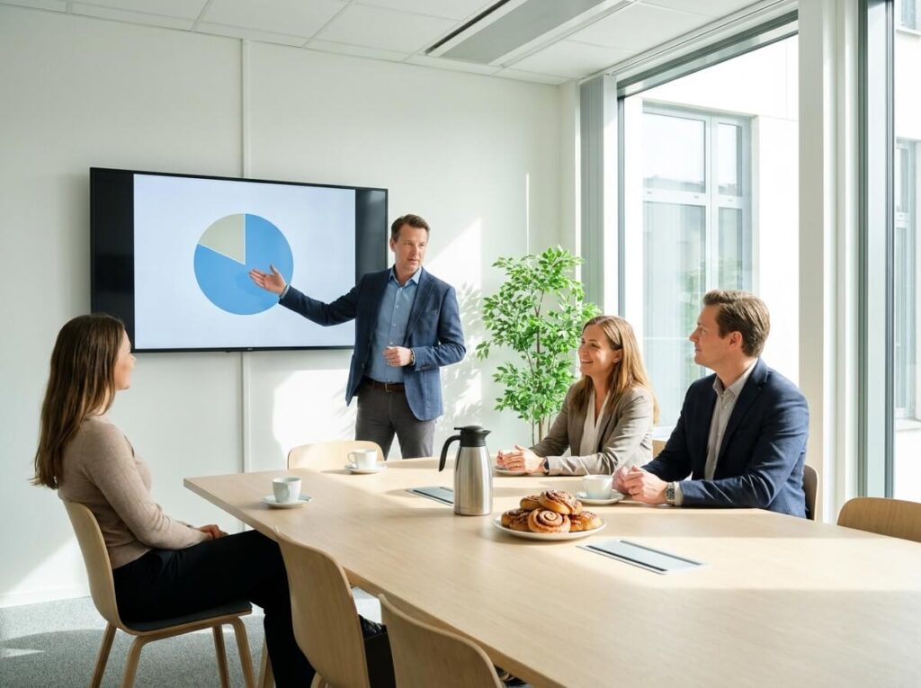 Förvaltare presenterar för BRF-styrelse i ljust mötesrum med kanelbullar och kaffe på bordet