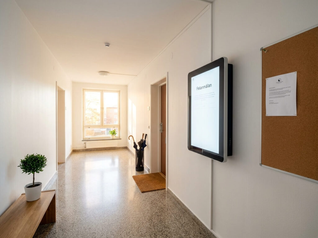 Nöjd styrelseordförande med nycklar utanför nyrenoverad entré — framgångsrikt byte av förvaltare