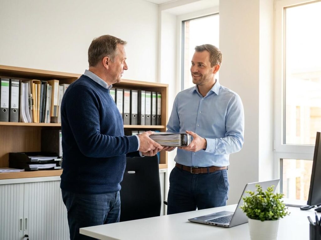 Förvaltare lämnar över dokumentation i pärm till ny förvaltare vid kontorsskrivbord i dagsljus