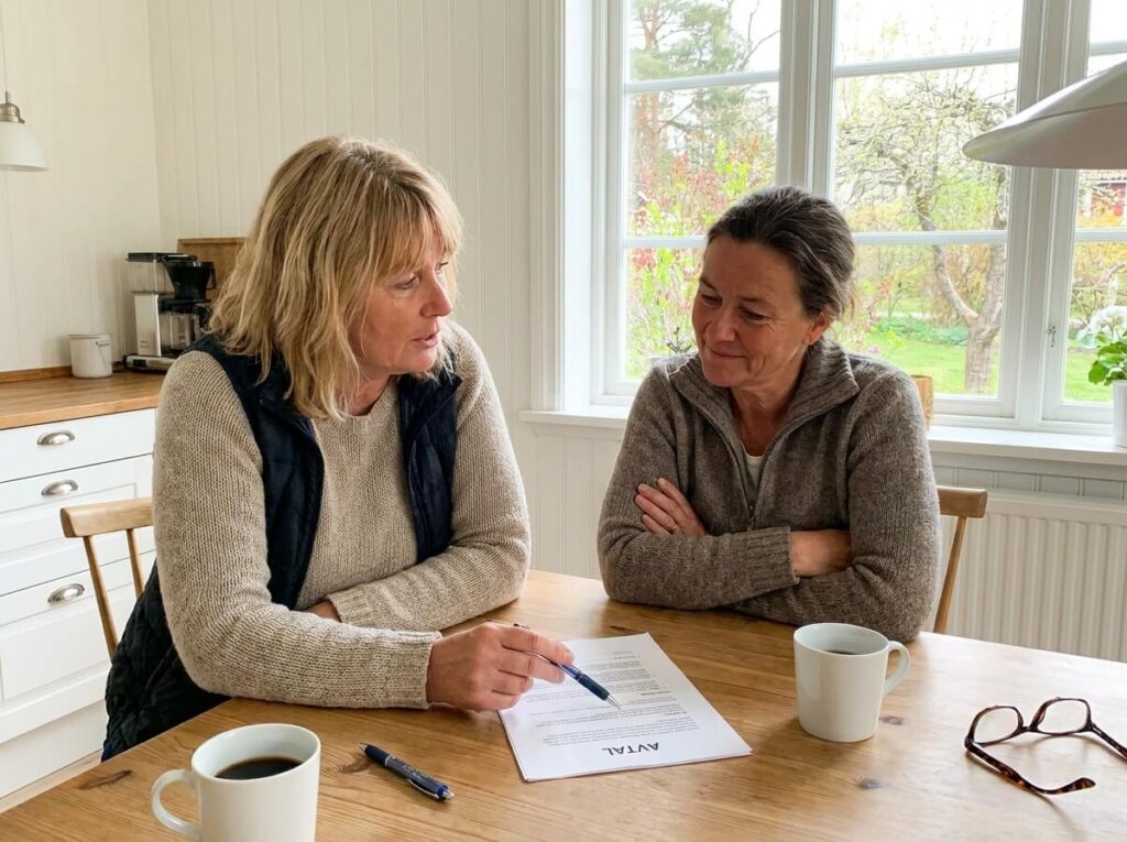 Två styrelseledamöter diskuterar förvaltningsavtal vid köksbord i dagsljus — byta förvaltare för BRF