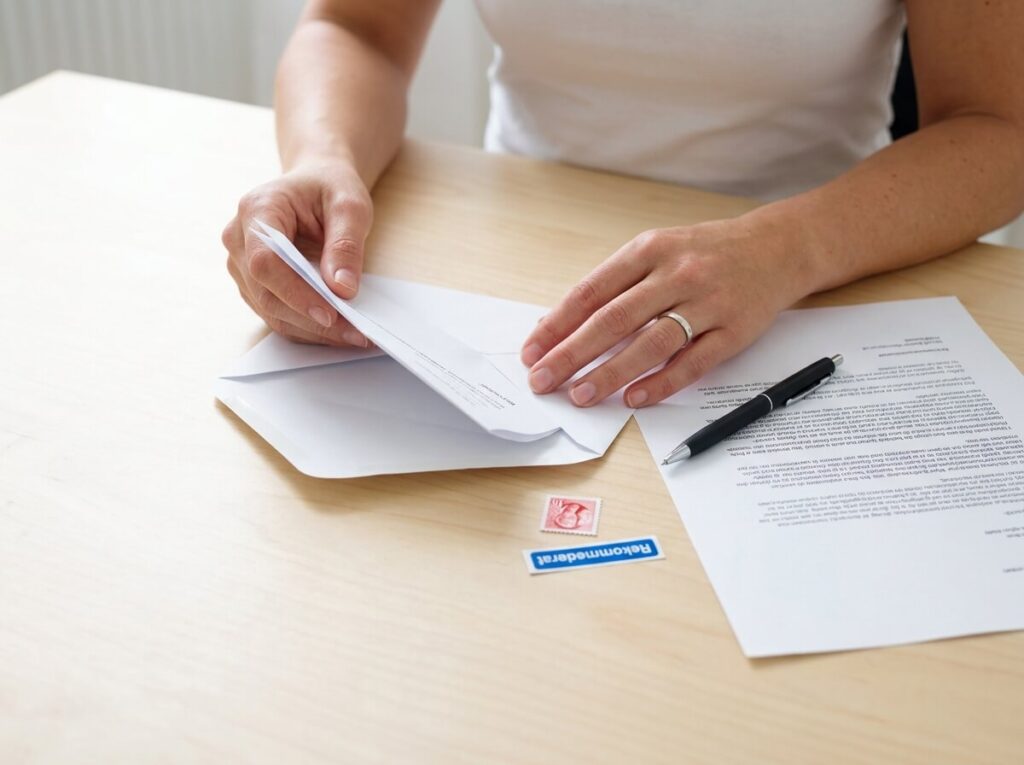 Händer lägger uppsägningsbrev i kuvert vid skrivbord — steg för steg guide till att byta förvaltare