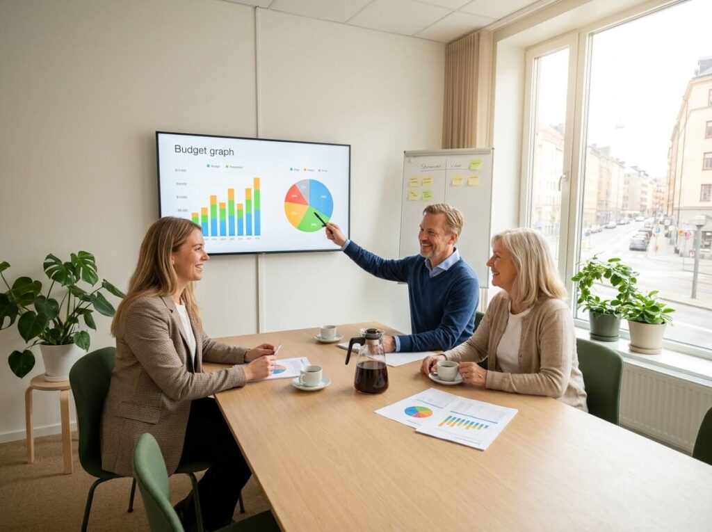 BRF-styrelse granskar budgetrapport på skärm i ljust mötesrum — ekonomisk förvaltning i Göteborg