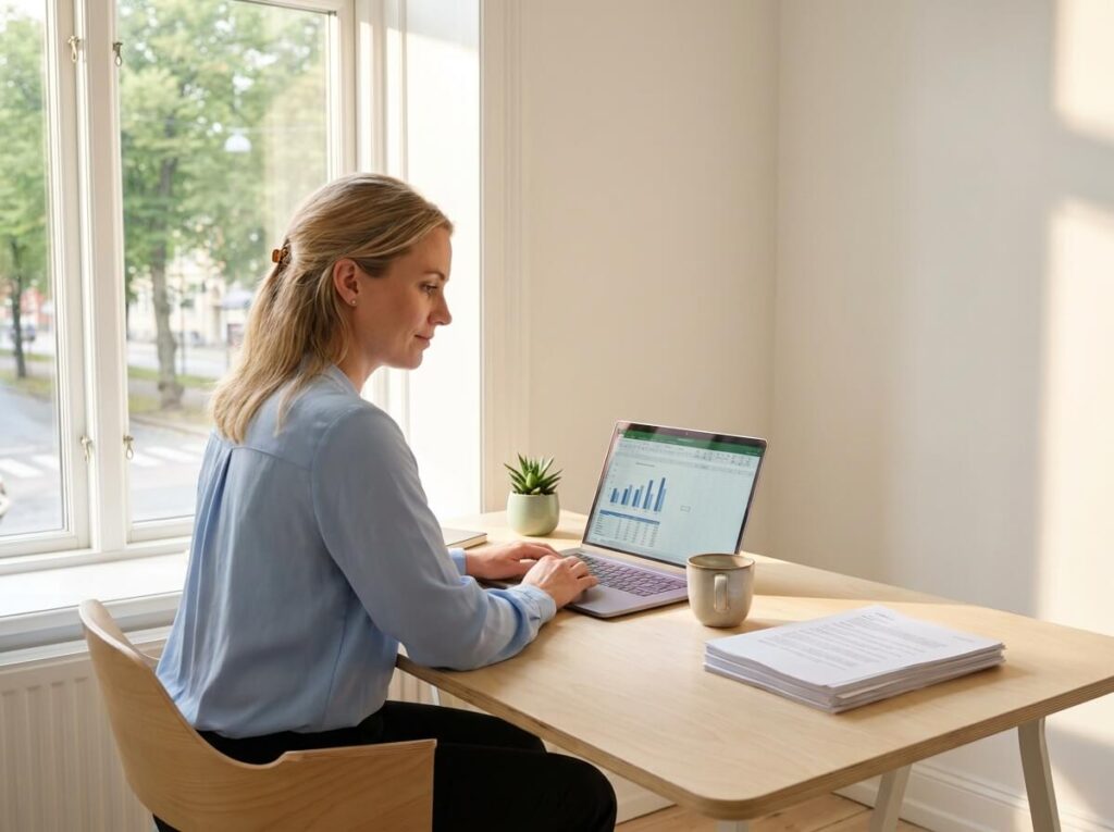 Ekonomisk förvaltning i Göteborg — ekonom arbetar med finansiell rapport vid ljust skandinaviskt skrivbord