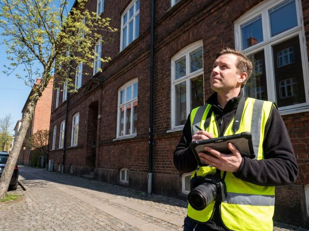 Energiexpert inspekterar fasad och fönster på flerfamiljshus i Göteborg inför energideklaration för BRF
