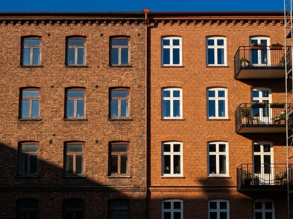 Tegelfasad i Göteborg — kontrast mellan renoverad och orenoverad del visar värdet av löpande underhåll