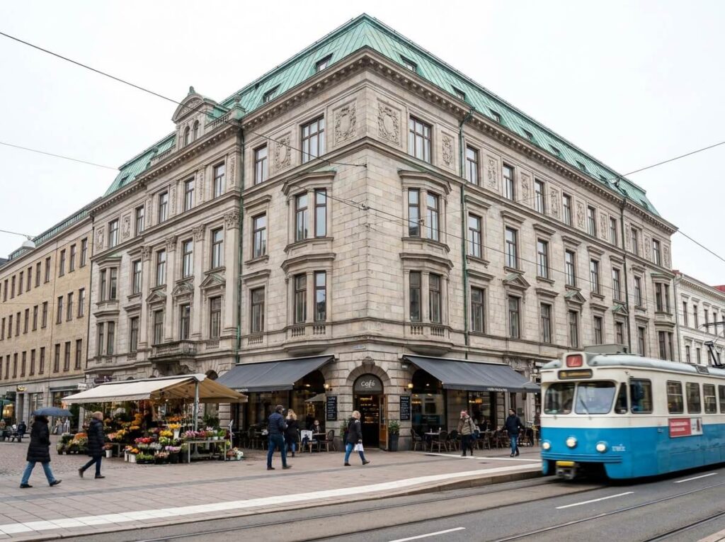 Stenhus med butiker och bostäder på Vasagatan i centrala Göteborg med spårvagn och uteservering