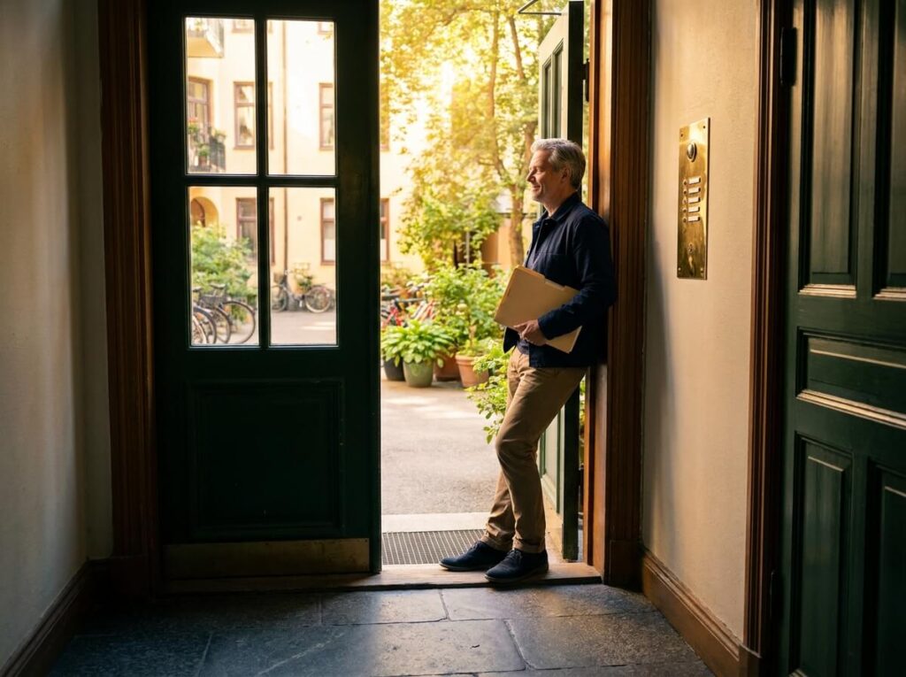 Förvaltare i entré till flerfamiljshus med utsikt mot solig innergård i Göteborg