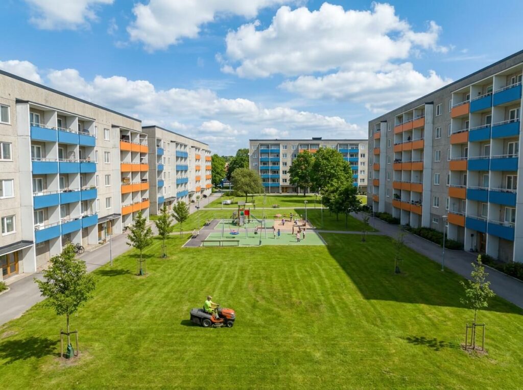 Miljonprogramsområde i Frölunda med renoverade balkonger, lekplats och stor grönyta i sommarljus