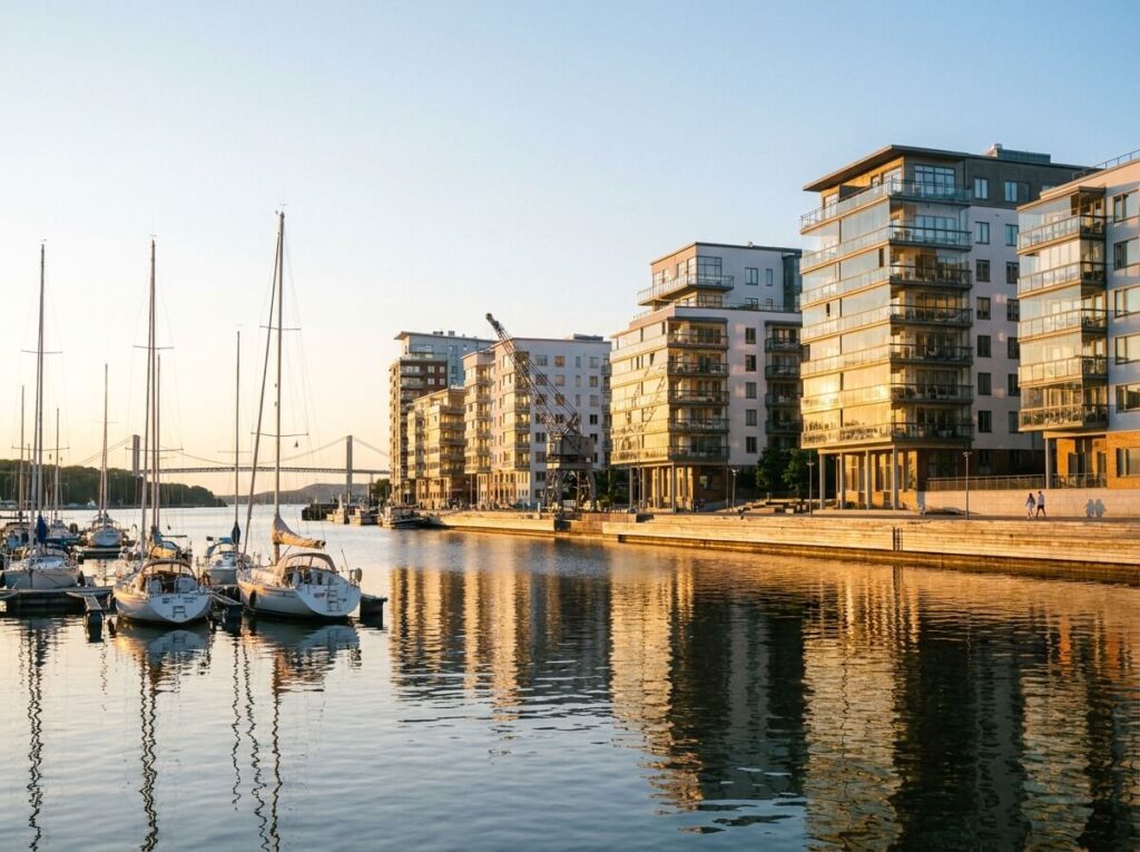 Moderna bostäder vid vattnet i Eriksberg på Hisingen med Göta älv och Älvsborgsbron i kvällsljus