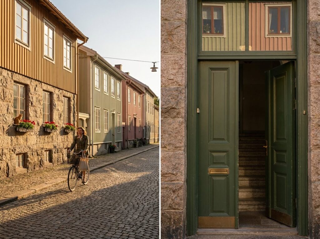 Kullerstensgata med landshövdingehus i Majorna Göteborg — cyklist i eftermiddagsljus med blomsterlådor