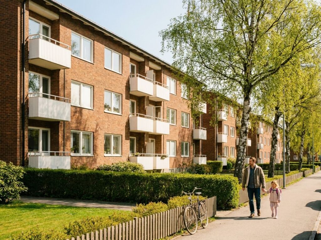 Tegelhus från 1960-talet med björkar och gångväg i Örgryte — far och dotter på promenad i vårsolsken