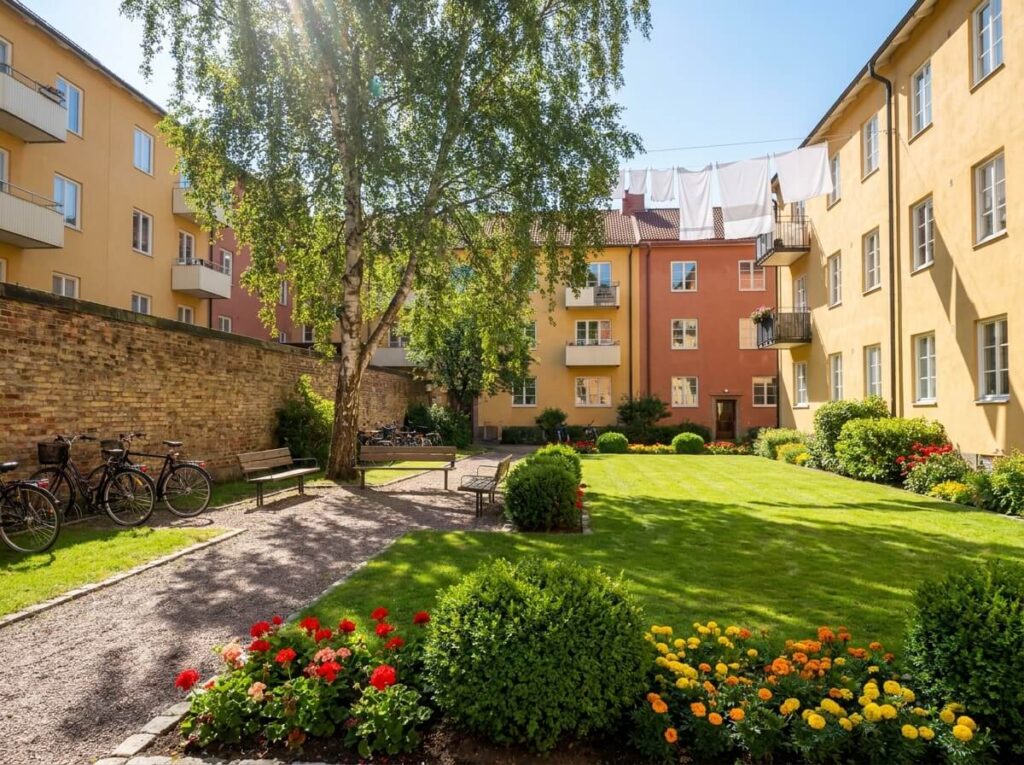 Välskött innergård med blommor, nyklippt gräs och bänkar i solsken — fastighetsskötsel i Göteborg