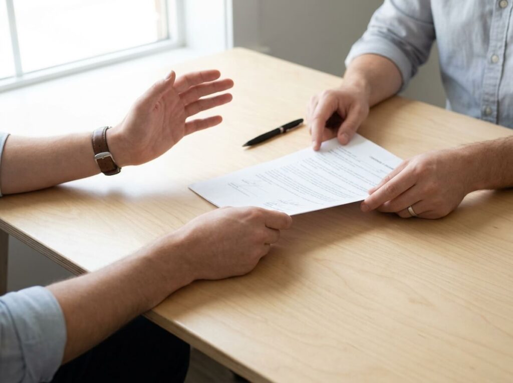 Två personer vid skrivbord med avtal — kontrollera bindningstid innan ni signerar förvaltningsavtal