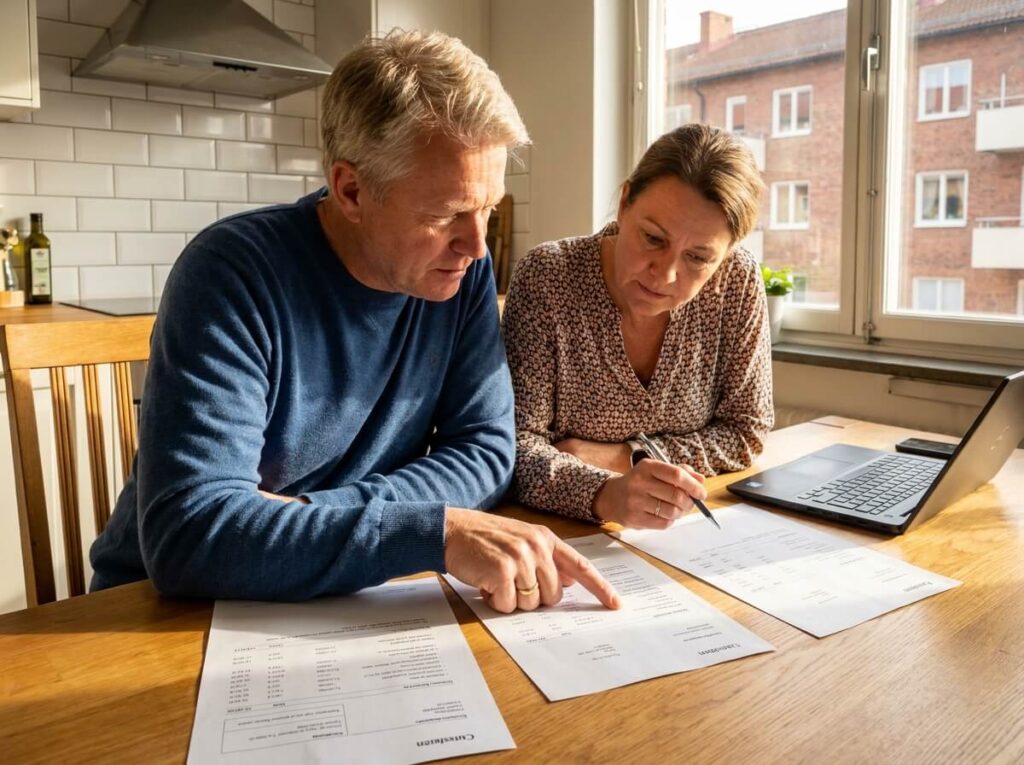 Två styrelseledamöter jämför förvaltningsofferter vid matbord i ljus göteborgslägenhet, samtligt som de ställer sig frågan "Vad kostar fastighetsförvaltning?".