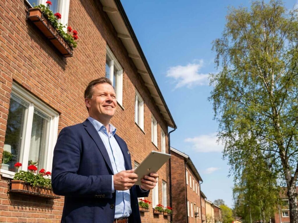 Teknisk förvaltare inspekterar tegelfasad med surfplatta i solsken utanför flerfamiljshus i Göteborg