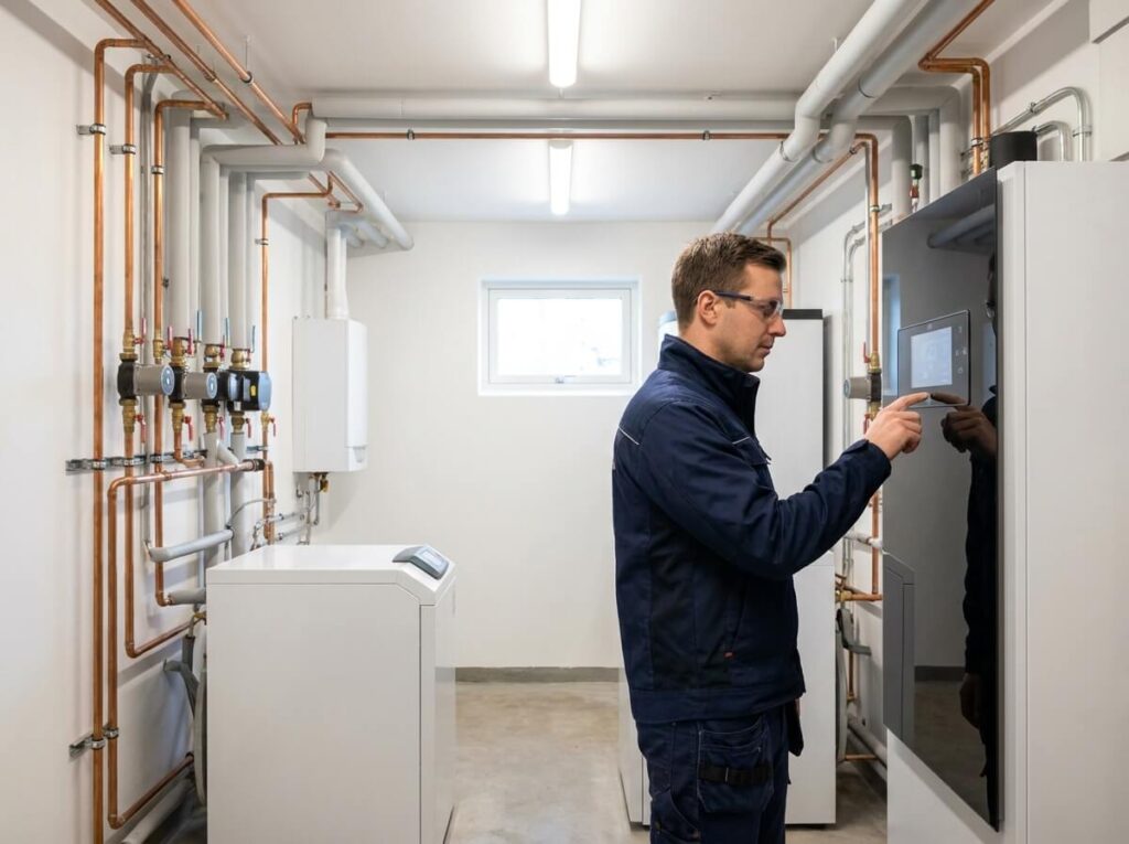 Tekniker kontrollerar modernt värmesystem i ljust och välskött pannrum vid teknisk förvaltning