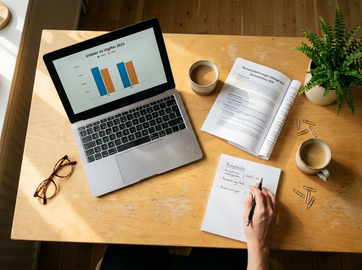 Skrivbord med årsredovisning, laptop och anteckningar — ekonomisk förvaltning av BRF