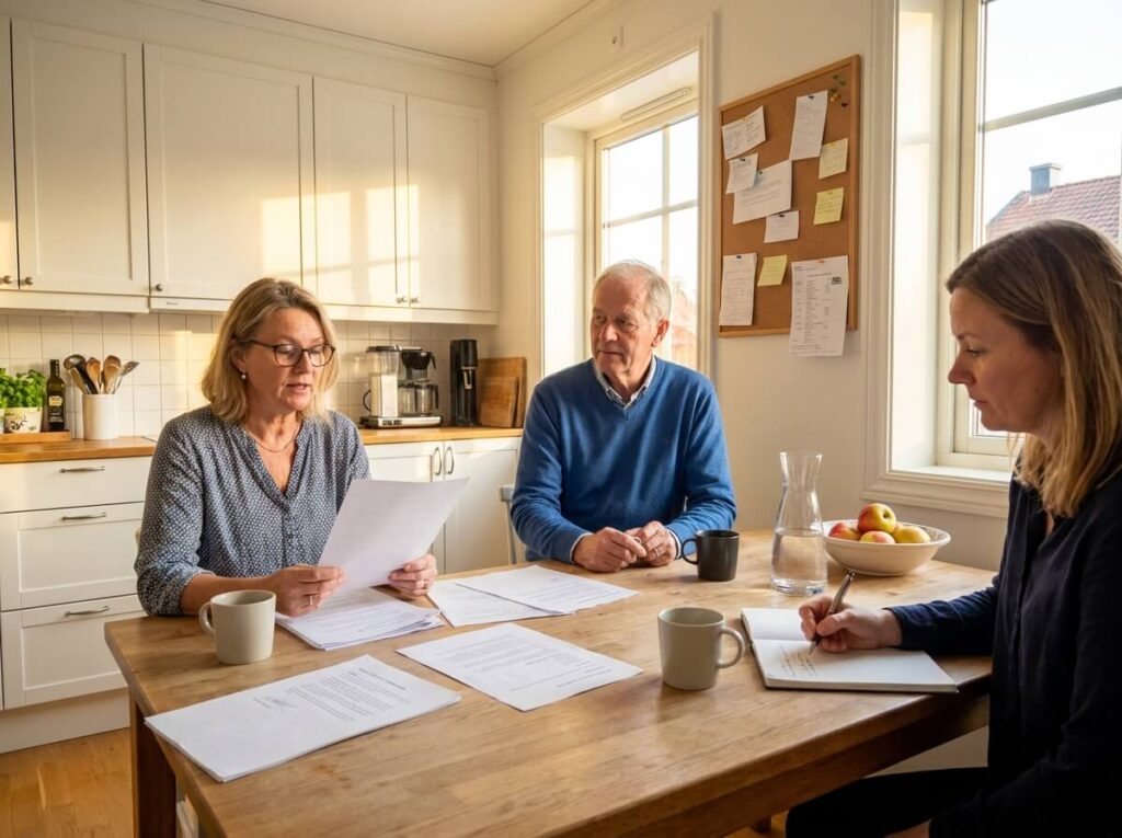 BRF-styrelsemöte i ljust kök med dokument och kaffe — administrativ förvaltning