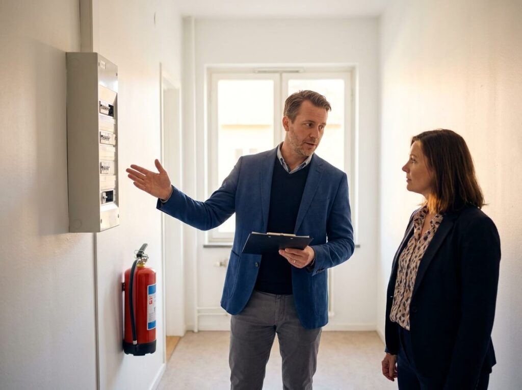 Förvaltare visar teknisk installation för styrelseledamot i ljust trapphus — vad ingår i fastighetsförvaltning