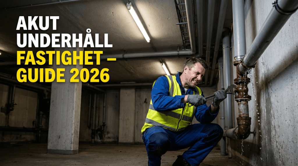 En underhållsarbetare i varselväst reparerar ett rör i en dunkelt upplyst industrikällare. Svensk text lyder: "AKUT UNDERHÅLL FASTIGHET - GUIDE 2026.