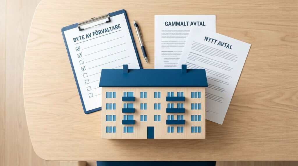 En trämodell av ett hyreshus på ett skrivbord, med svenska dokument med titlarna "Byte av förvaltare", "Gammalt Avtal" och "Nytt Avtal", en skrivplatta och en penna.