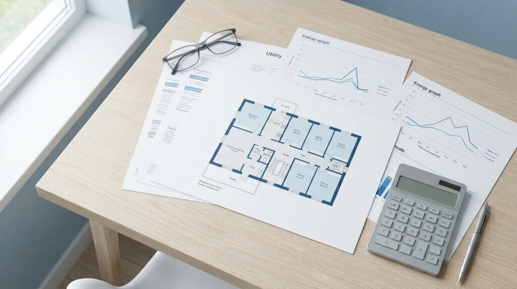 Ett träbord med arkitektoniska planritningar, finansiella grafer, en miniräknare, glasögon och en penna är prydligt placerade nära ett fönster, vilket tyder på en arbetsplats för planering eller analys.