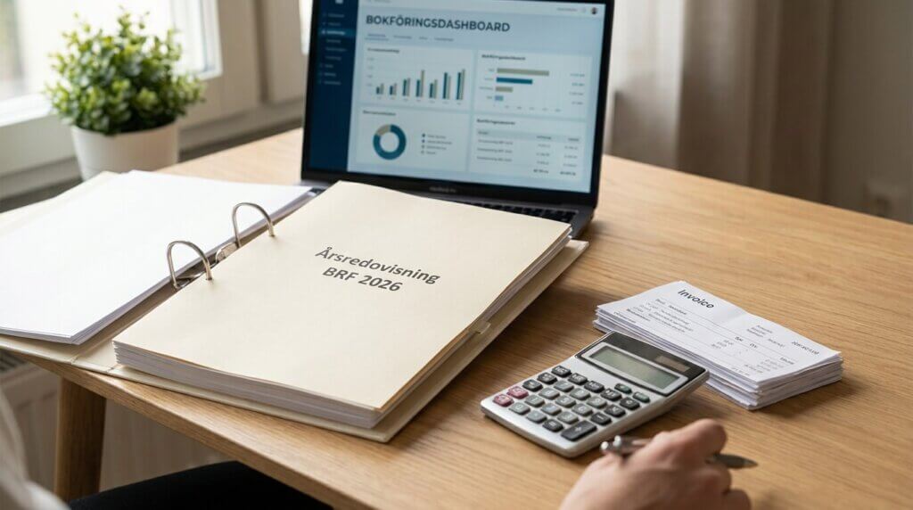 En person sitter vid ett skrivbord med en mapp märkt "Årsredovisning BRF 2026", en miniräknare, en bunt fakturor och en laptop som visar finansiella dashboard-diagram.