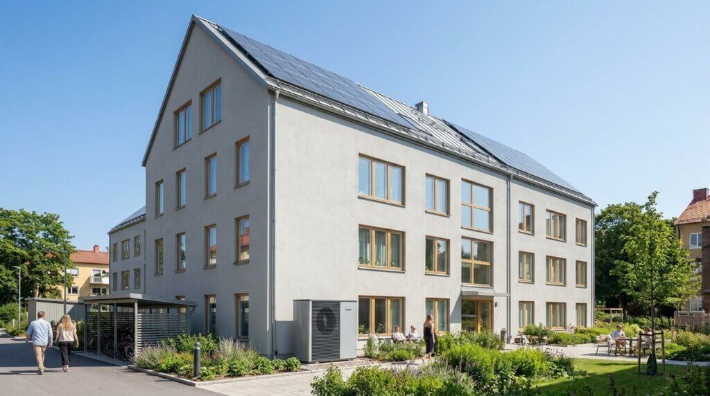 Ett modernt trevåningshus med stora fönster och solpaneler på taket, omgivet av grönska och människor som promenerar och sitter ute en solig dag.