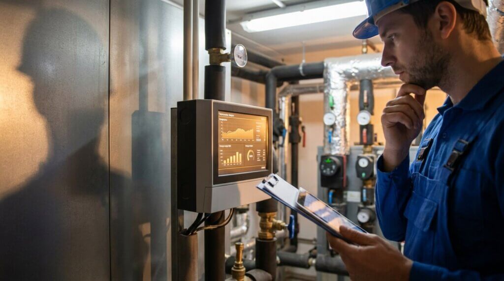En man i blå uniform och skyddshjälm inspekterar industriutrustning och tittar på en digital kontrollpanel med datadiagram medan han håller i en skrivplatta i ett mekaniskt rum med rör och mätare.