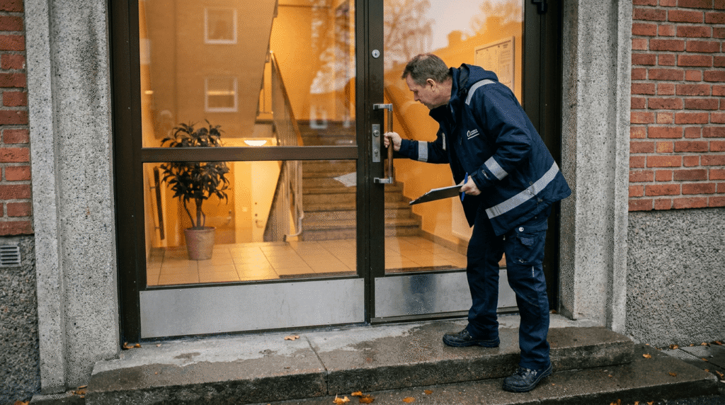 En person i blå uniform står utanför en glasdörr med ett brev eller dokument i handen och förbereder sig för att låsa upp eller öppna dörren till ett flerfamiljshus.