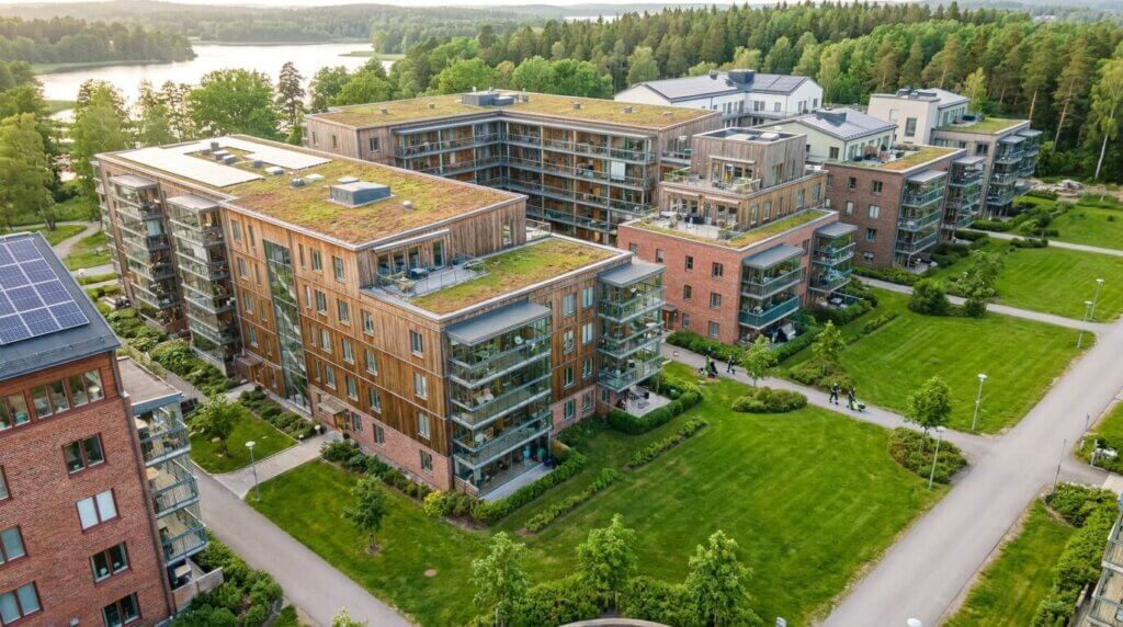 Flygfoto över moderna flerfamiljshus med gröna tak, stora balkonger och välskötta gräsmattor och trädgårdar, omgivna av träd, nära en sjö.