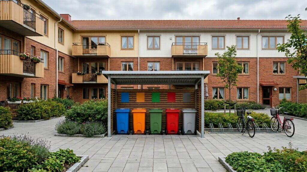 En innergård i ett bostadskomplex i Göteborg med ett cykelställ och fem färgkodade återvinningskärl för Förpackningsinsamling Göteborg, skyddad och omgiven av grönska och trevåningshus i tegel – en hållbar detalj för framtida fastighetsägare år 2027.