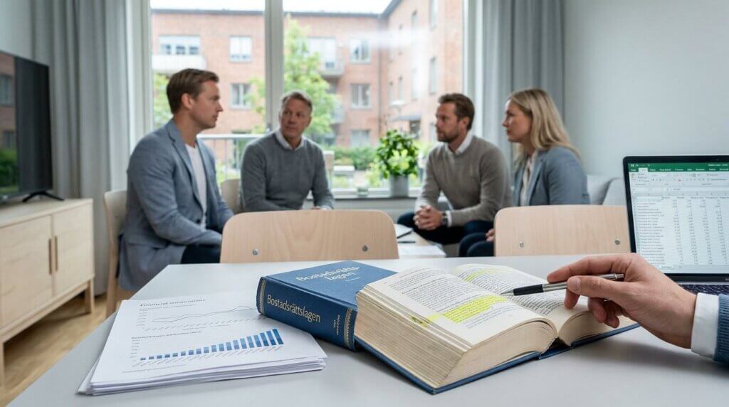 Fyra personer sitter och diskuterar på ett ljust kontor. I förgrunden finns ett skrivbord med en markerad bok, utskrivna diagram och en bärbar dator med ett kalkylblad och en hand som pekar på boken.