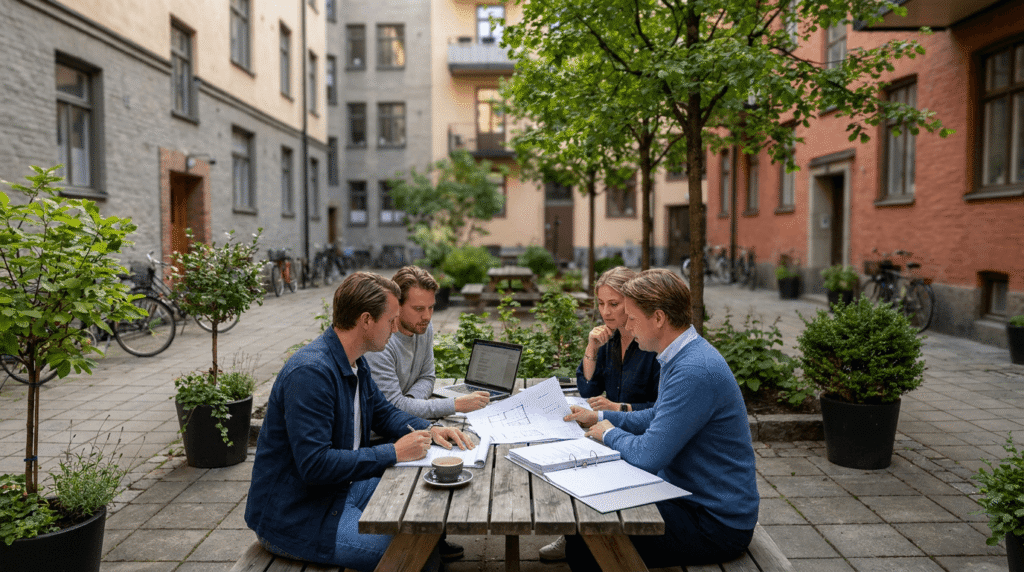 Fyra personer sitter vid ett picknickbord av trä på en innergård och diskuterar papper samtidigt som de tittar på en bärbar dator. Innergården är omgiven av flerbostadshus och i närheten står krukväxter och cyklar.